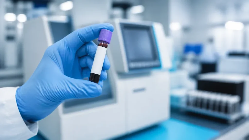 Tubo con muestra de sangre para un hemograma completo en laboratorio clínico