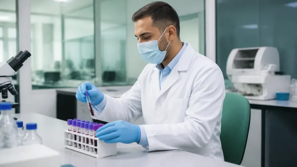 Profesional de laboratorio procesando una prueba de VIH en sangre