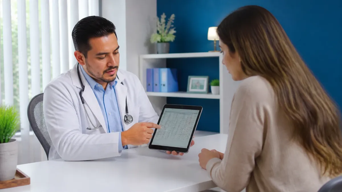 Médico revisando los resultados de un hemograma con una paciente